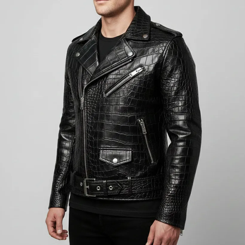 Refined Cowhide Biker Motorcycle Embossed Jacket