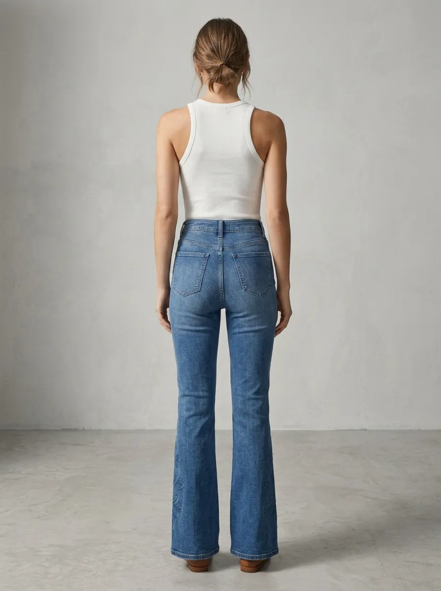 Women's Floral Embroidered Stitch Detail High Rise Flare Jeans
