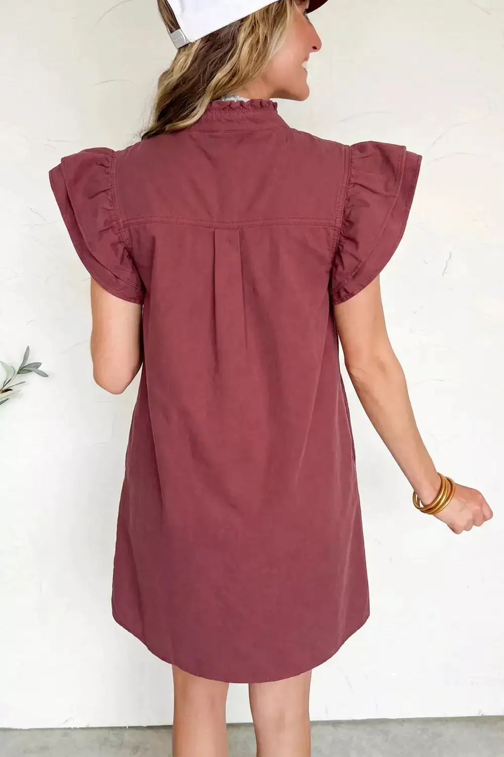 Denim Button Front Ruffle Mini Dress
