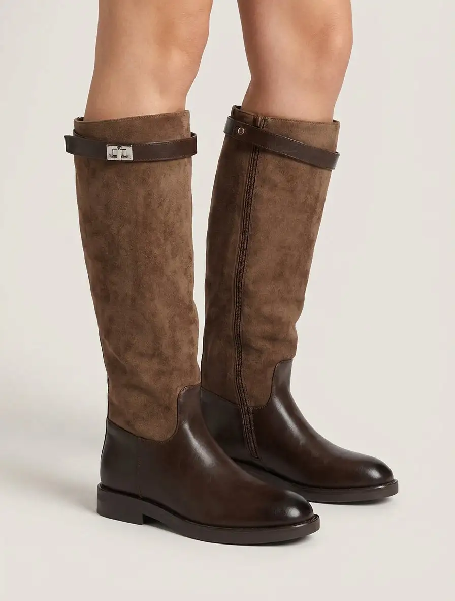 Classic Buckle Detail Block Heel Faux Suede Faux Leather Knee High Boots