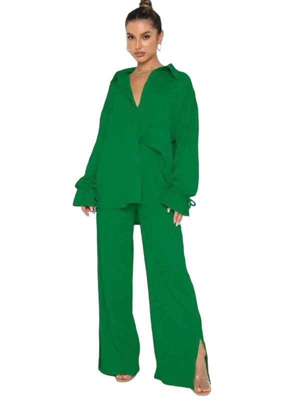 Women's Button-Front Shirt & Split-Hem Pants Set - Flounce Sleeve Top & Wide-Leg Trousers