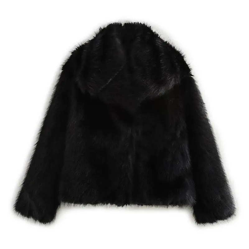 Women's Luxurious Oversize Solid Color Wide Lapel Snap Closure Fuzzy Thermal Outerwear, Fall & Winter Long Sleeve Outerwear, Faux Fur Outfit