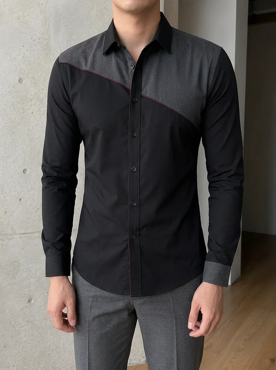 Men's Slim Fit Colorblock Contrast Panel Long Sleeve Shirt