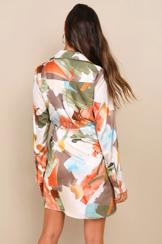 Painterly Perfection Slate Blue Satin Wrap Mini Dress