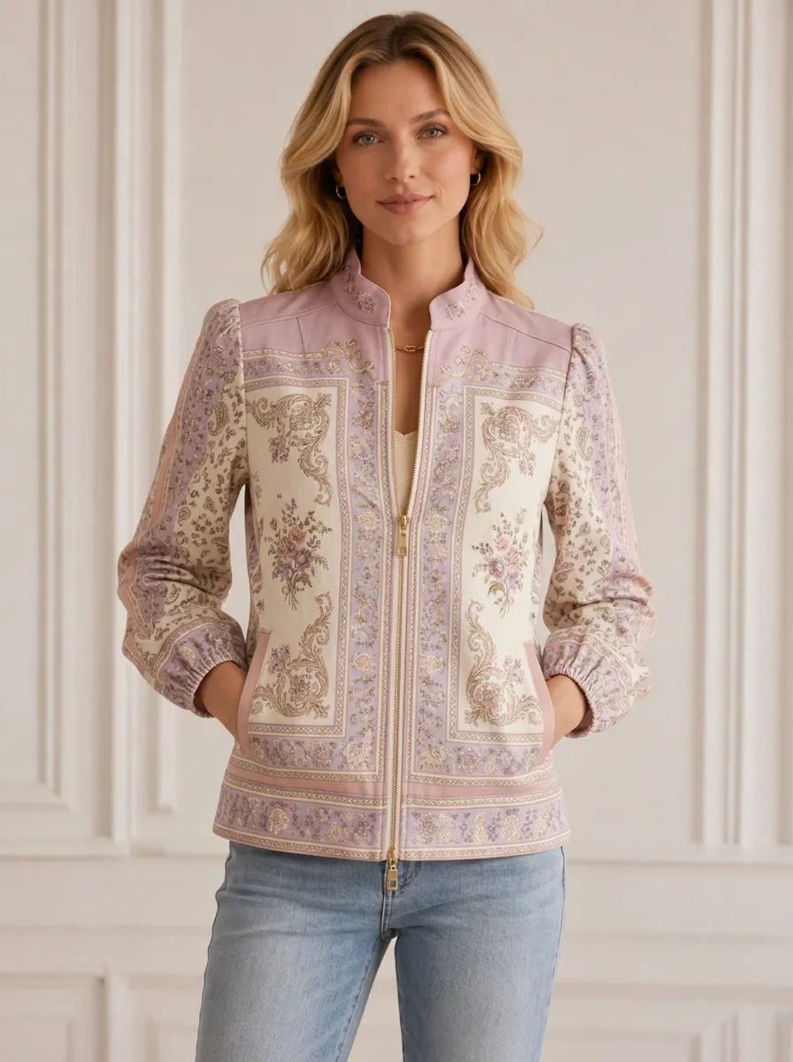 Women's Vintage Floral Baroque Stand Collar Zip Jacket