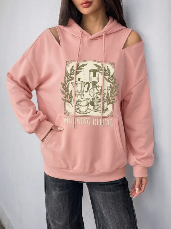Women's Coffee Morning Ritual Botanical Graphic Cold-Shoulder Hoodie
