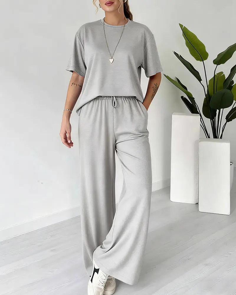 Casual Two-Piece Lounge Set Short Sleeve Top and Wide Leg Pants