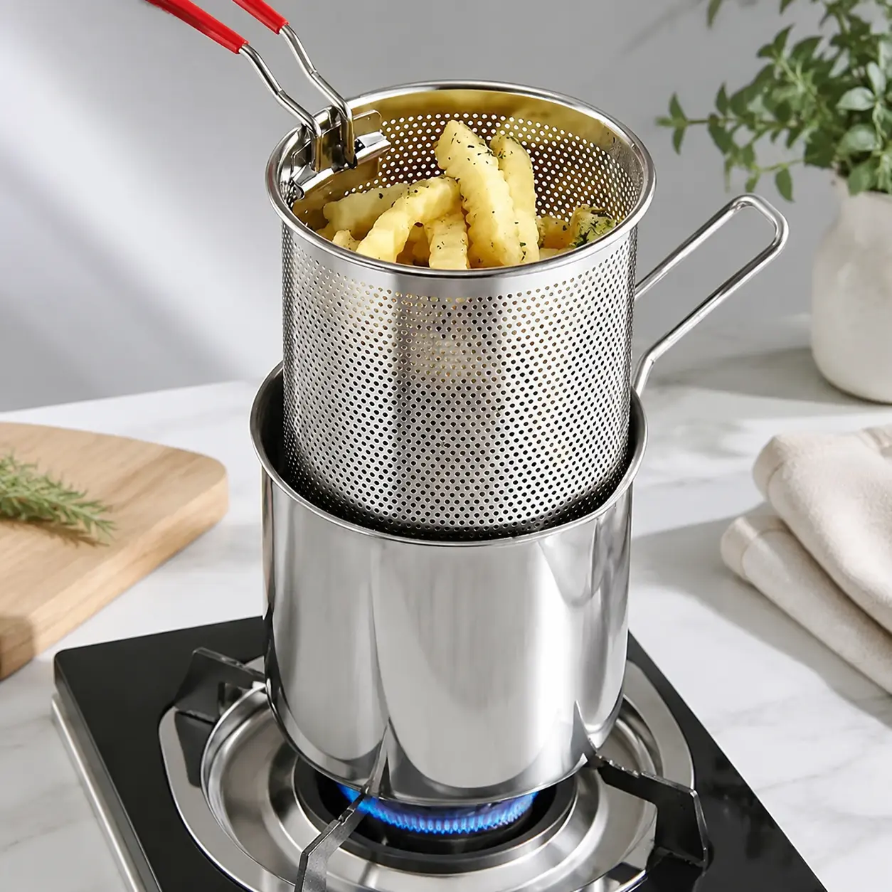 Compact Stainless Steel Deep Fryer Pot Set - 2, 3 or 4 Pieces - Lift, Drain and Serve