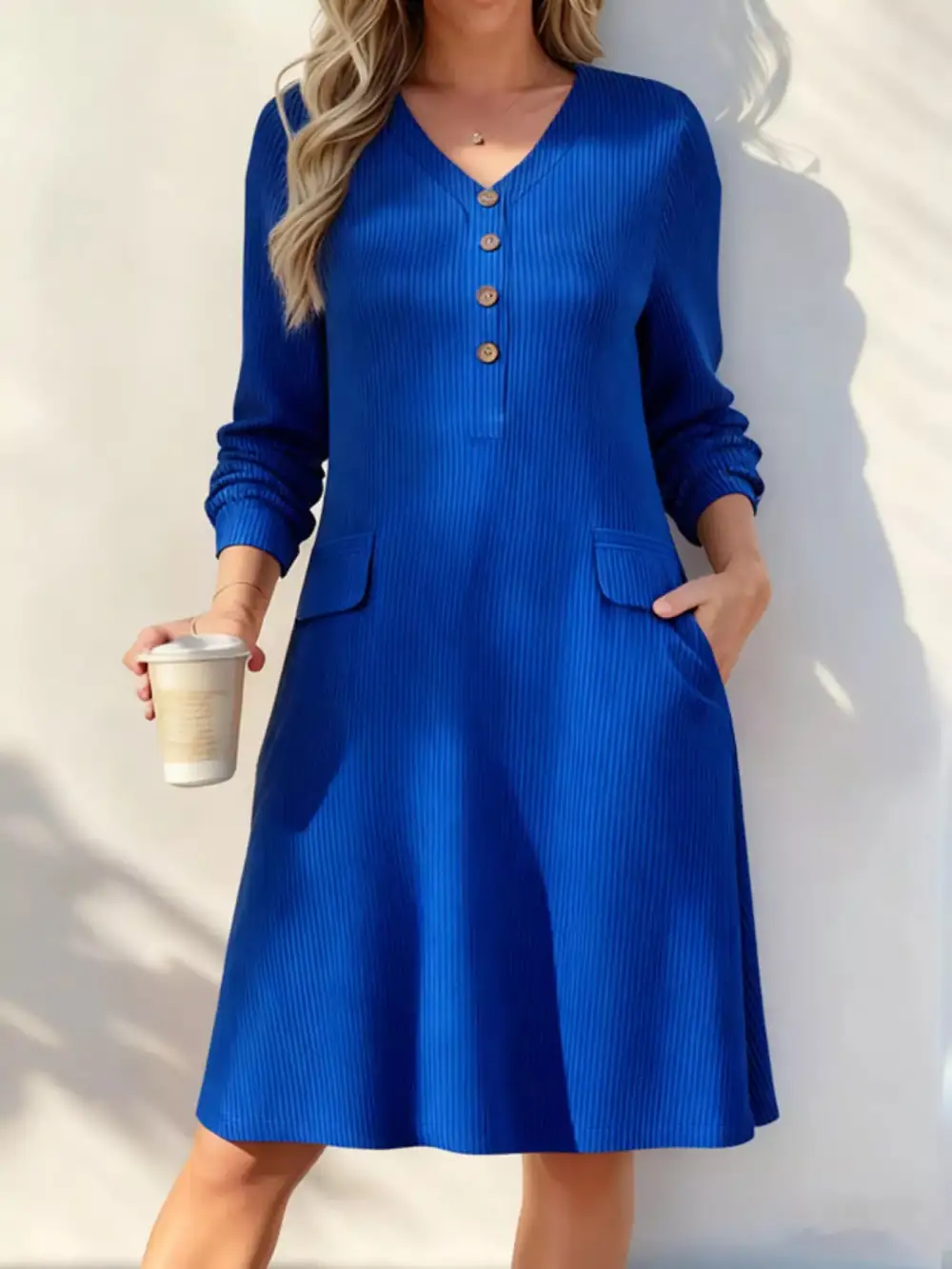 Ribbed Knit V-Neck Dress