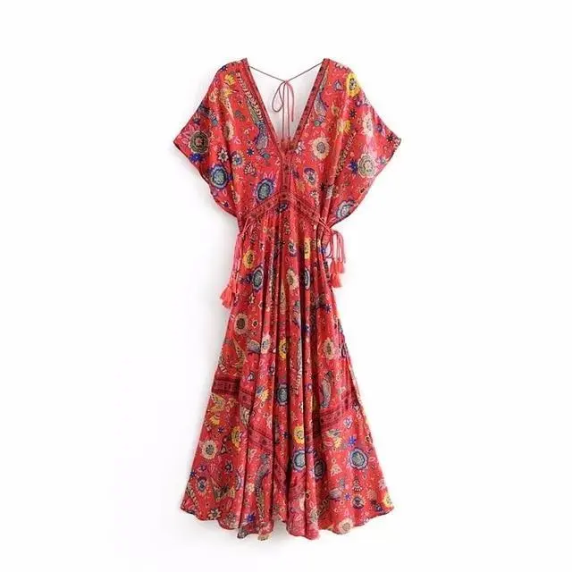 Wild Peacock & Flowers V-Neck Maxi Dress