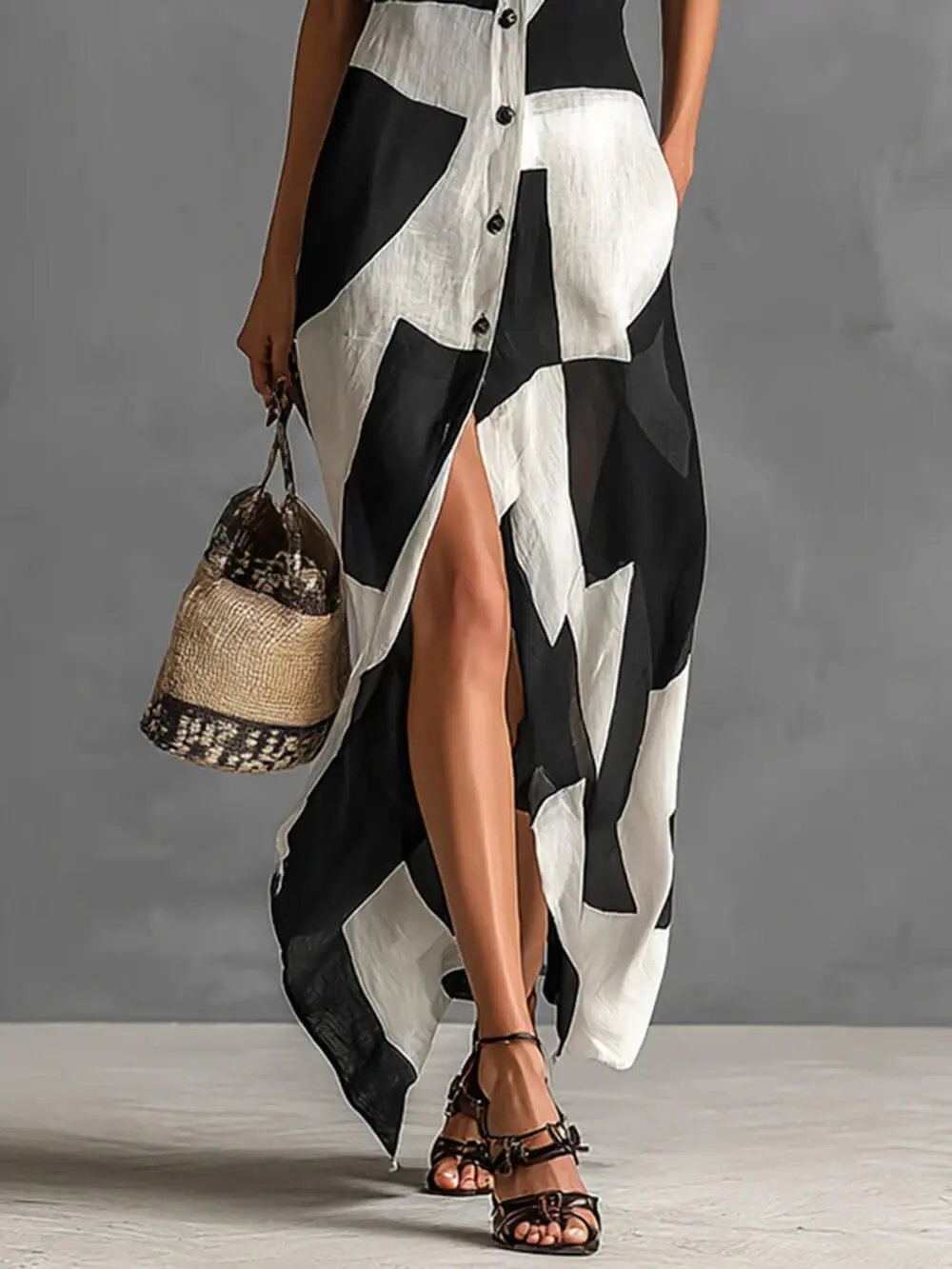 Irregular Geometric Print Lapel Maxi Dress