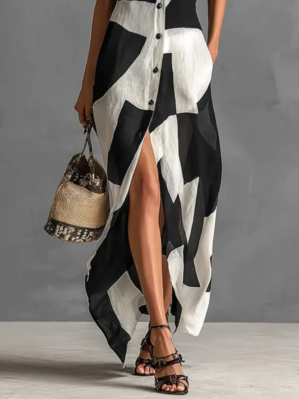Irregular Geometric Print Lapel Maxi Dress