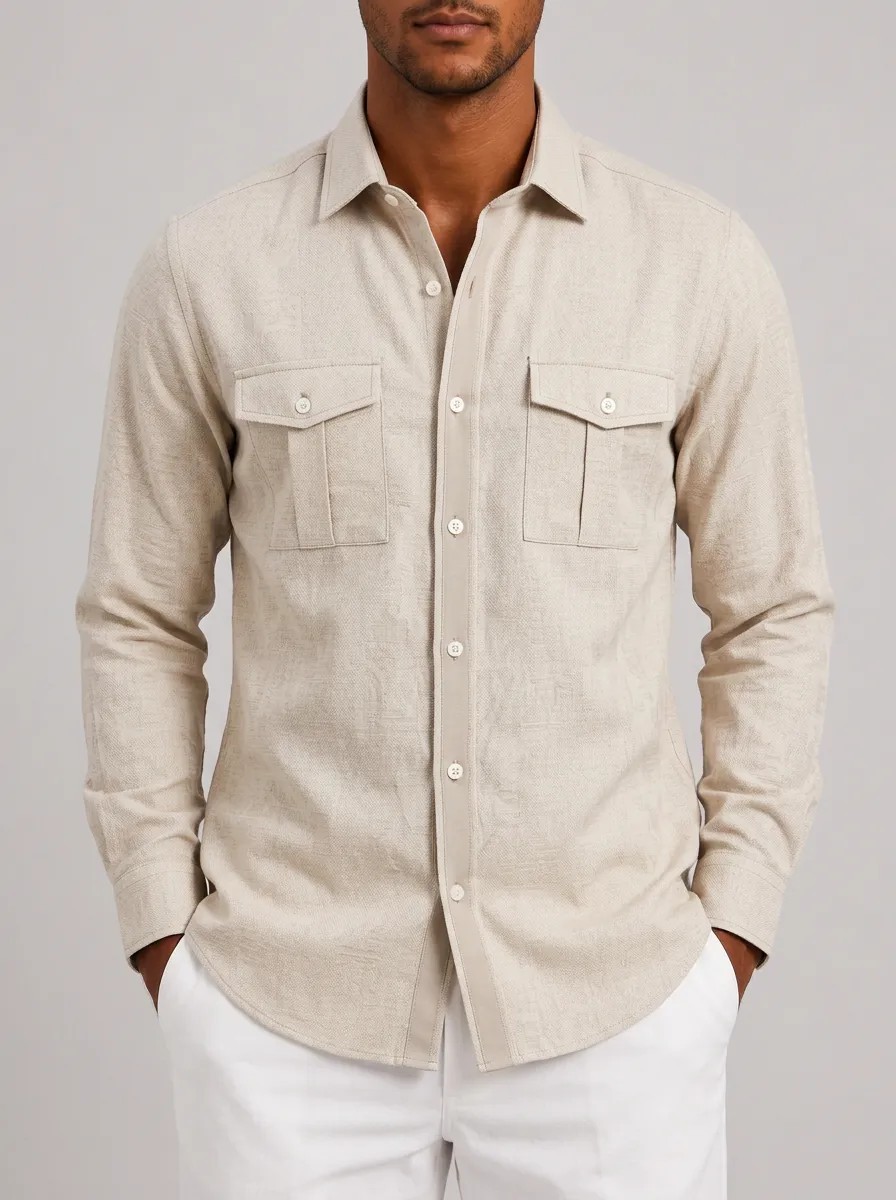 Men's Casual Beige Linen Blend Double Pocket Button-Down Shirt