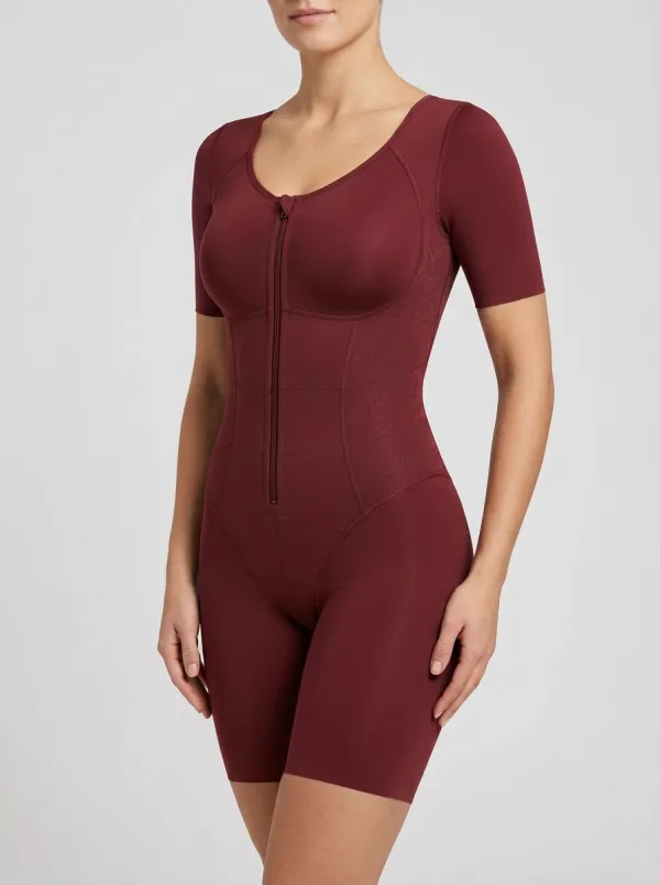 Women's Tummy Control Brown Zip-Front Short Sleeve Bodysuit Shapewear