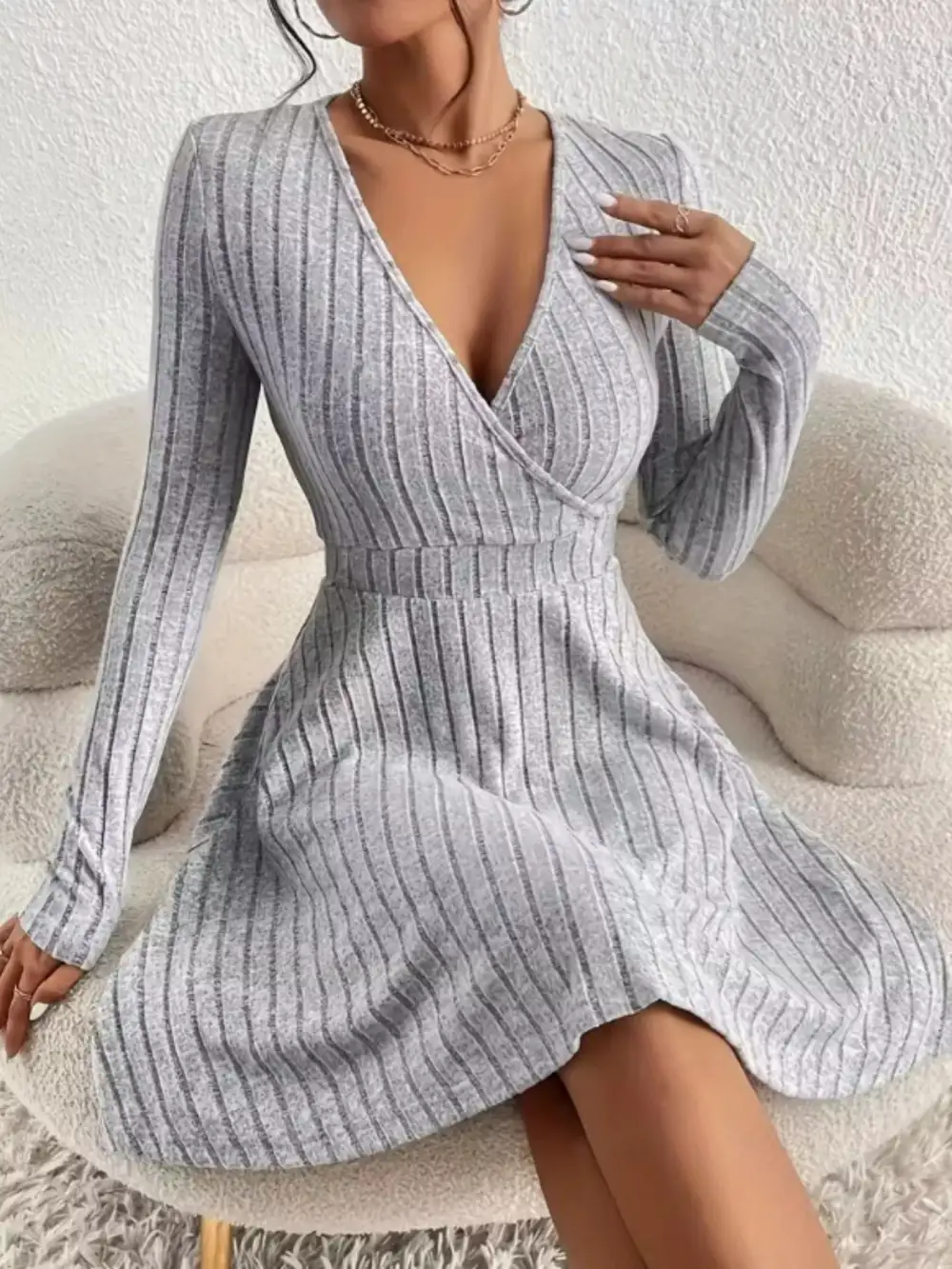 Ribbed Knit Wrap Mini Dress
