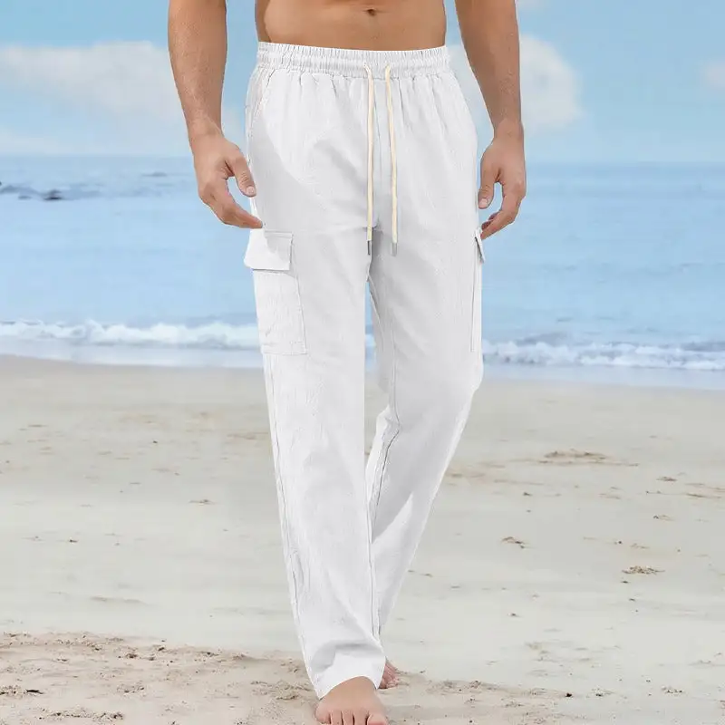 Men's Loose Linen Cargo Pants Waistband Pockets