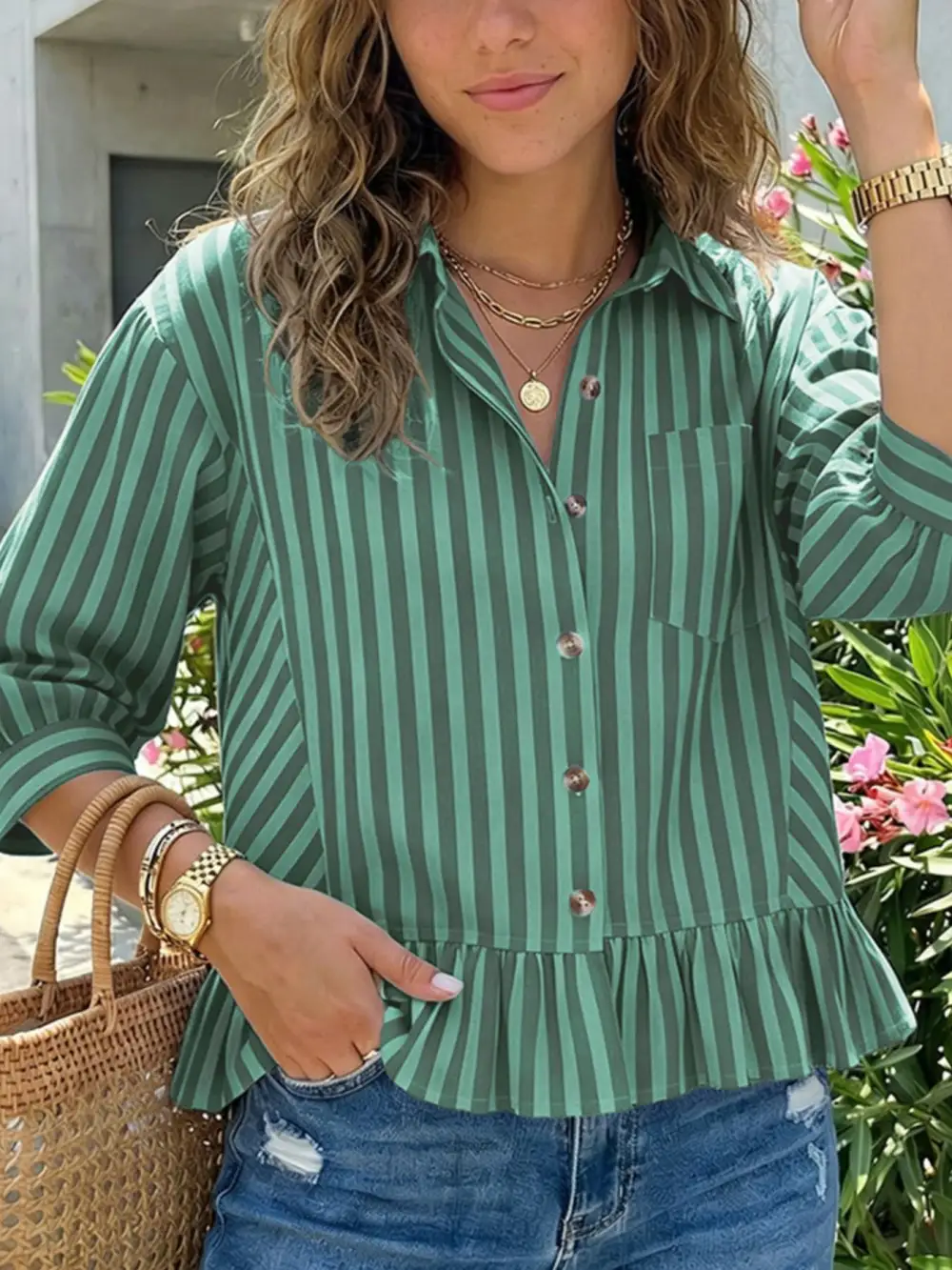 Striped Ruffle Hem Button Down Shirt