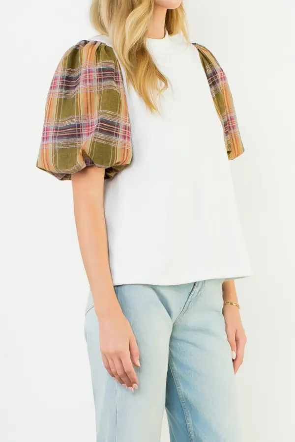 Plaid Ribbed Mixed Media Relaxed Top