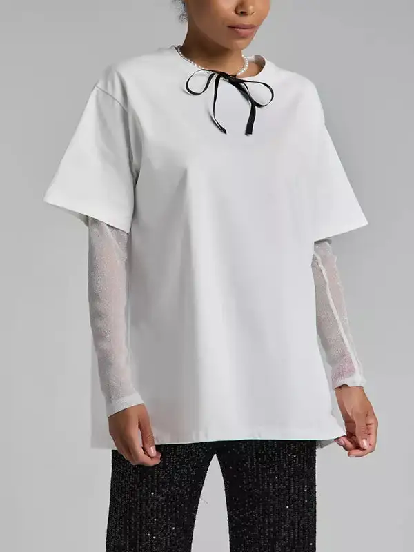Layered Look Relaxed Sheer Panel Detail Sun Protection Round Neck T-Shirt