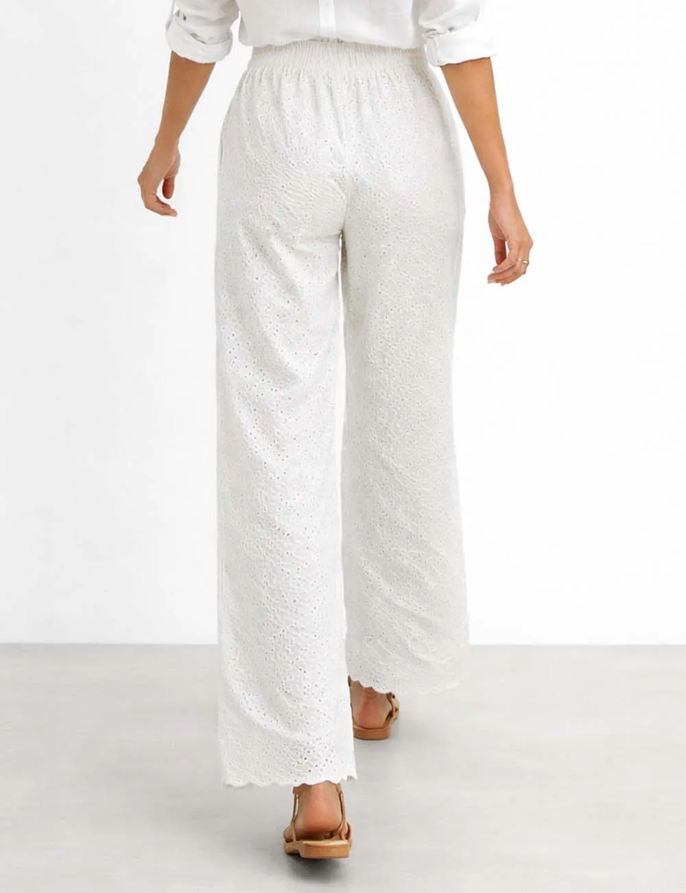 Everyday Eyelet Solid Color Elastic Waist Wide Leg Pants