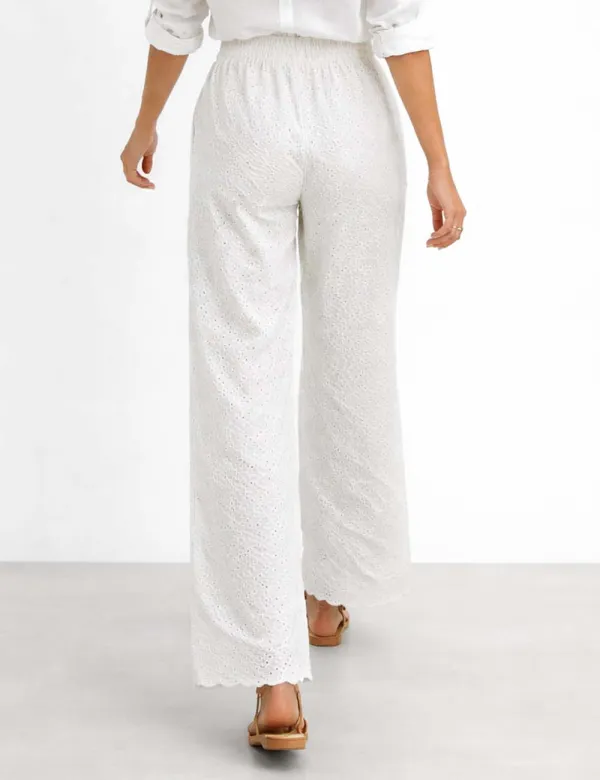 Everyday Eyelet Solid Color Elastic Waist Wide Leg Pants
