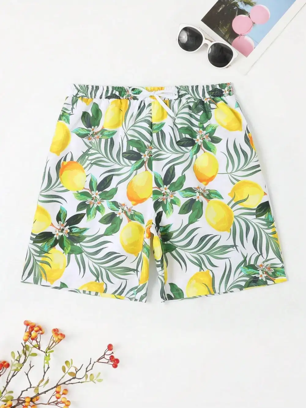 Men's Lemon Print Drawstring Swim Trunks