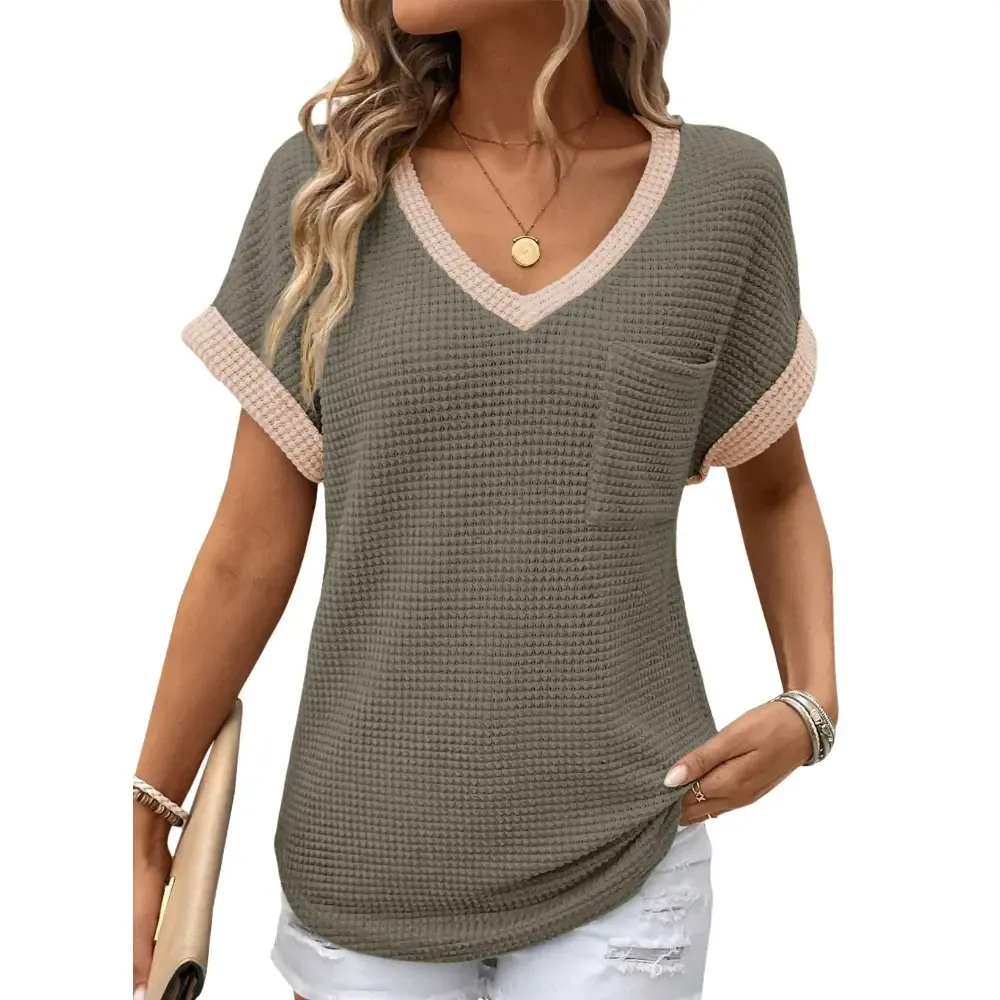 Women's Waffle Knit V-Neck Casual Summer Top