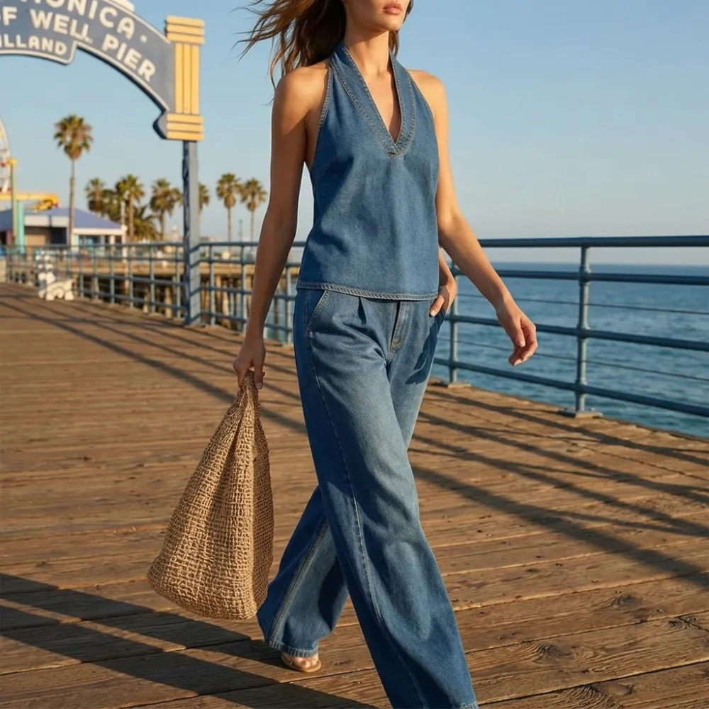 Washed Denim Two Piece Set