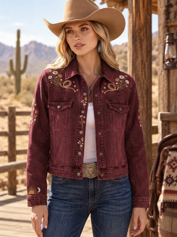Women's Western Cowgirl Sun Moon Floral Embroidered Jacket