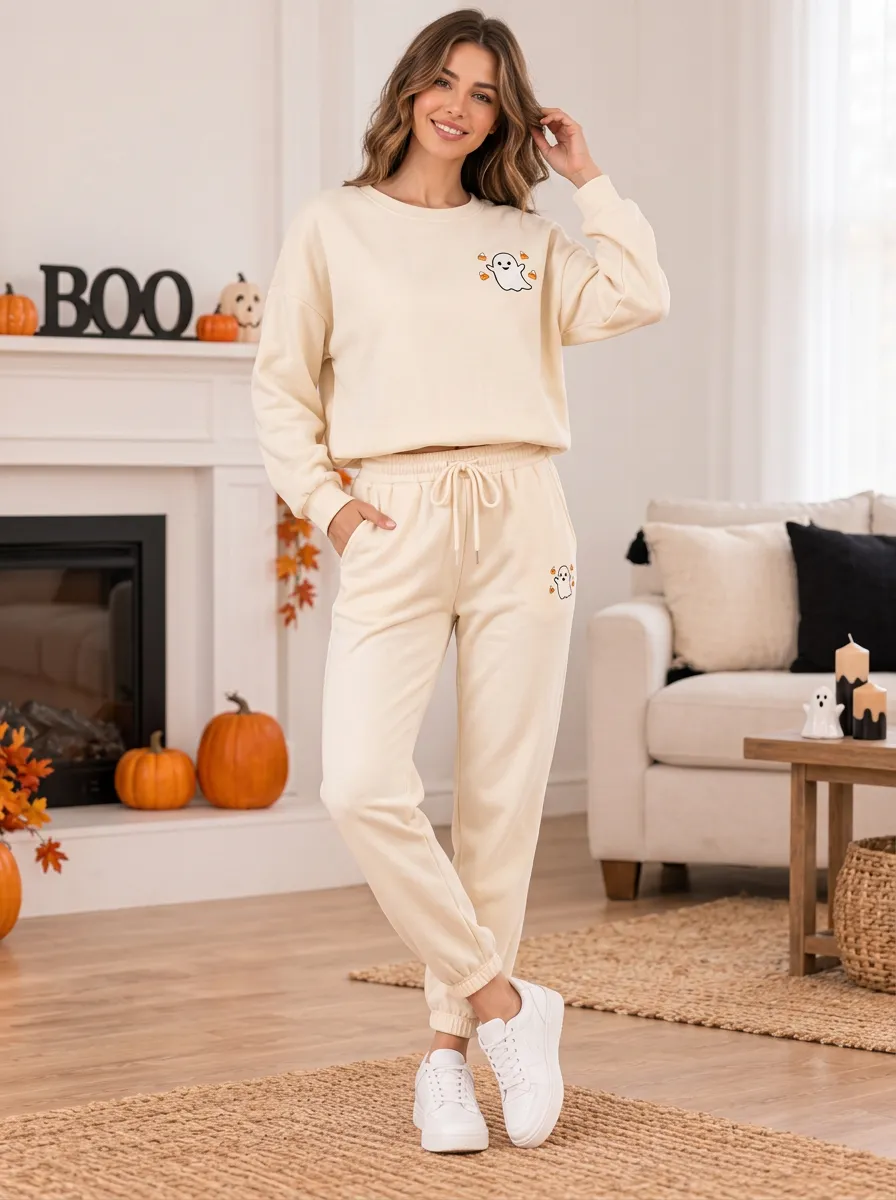 Women's Cream Ghost-Candy-Corn Embroidered Crewneck-Sweatshirt & Joggers Two-Piece Set
