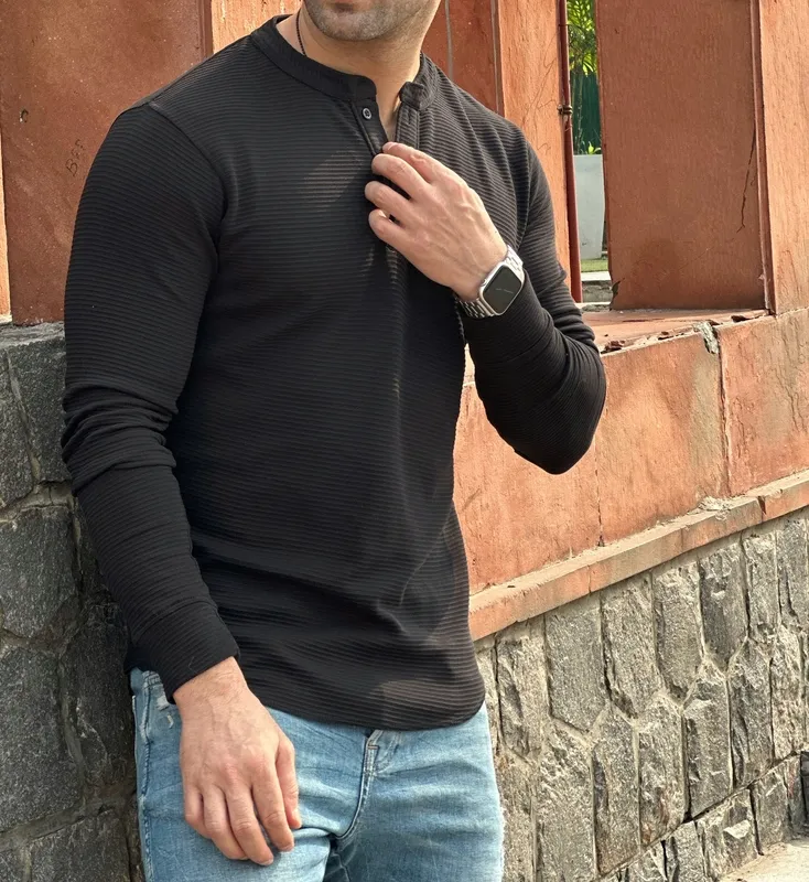 Black Textured Knit Long Sleeve Henley