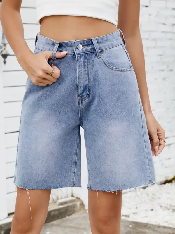 Textured Washed Raw Hem Denim Shorts