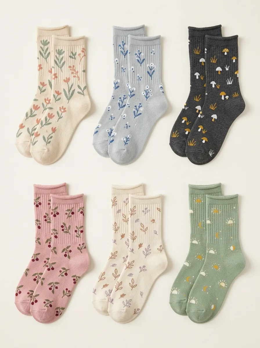 Women's Mixed Botanical Nature Ribbed Crew Socks Six Pair Set