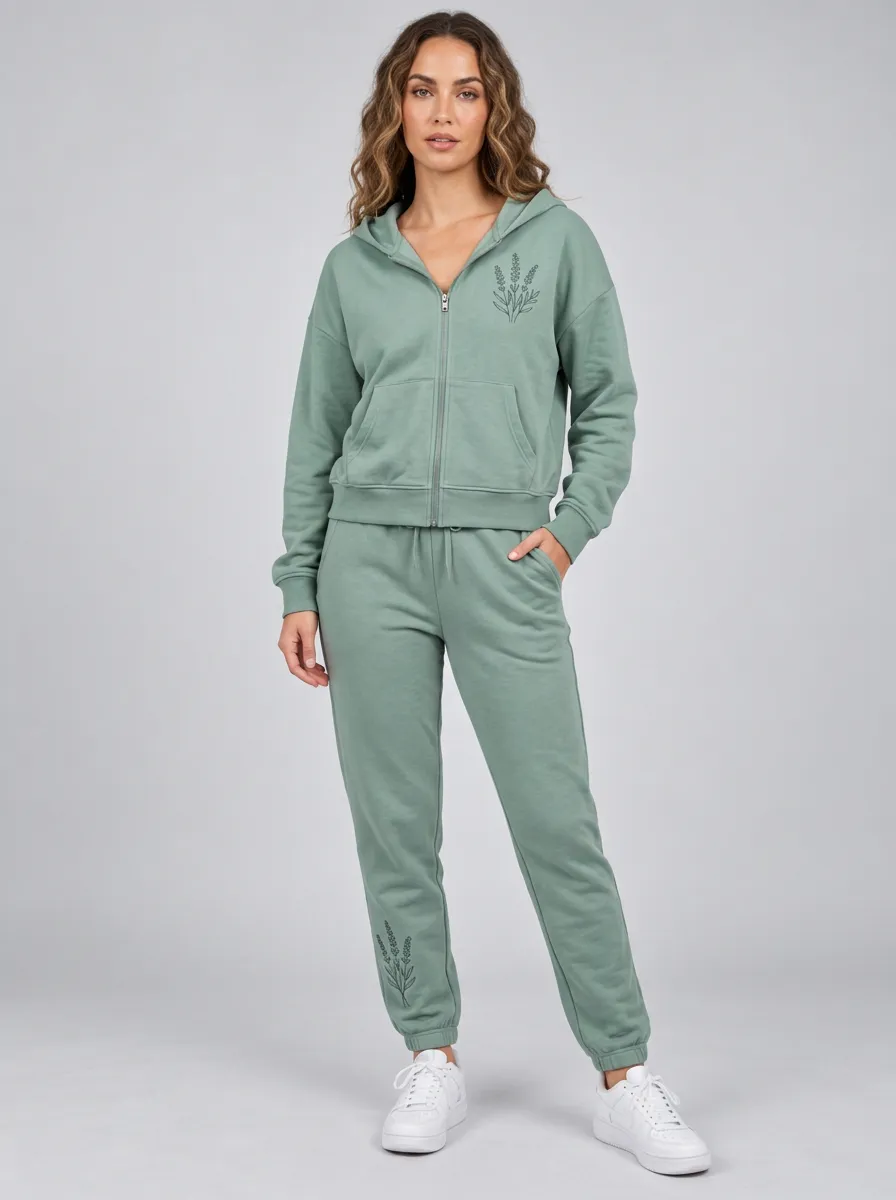 Women's Sage Green Tapered Joggers Elastic-Waist Joggers Zip-Up Hoodie Jacket & Jogger Set
