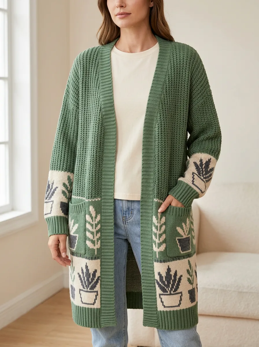 Women's Plant Potted Succulent Pattern Knit Long Cardigan