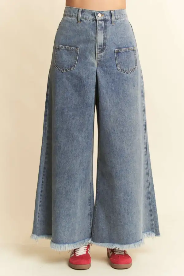 Patch Pocket Wide Leg Culotte Denim Jeans