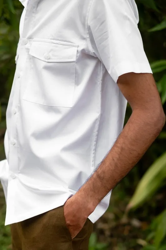 White Short Sleeve Double Pocket Cotton Shirt