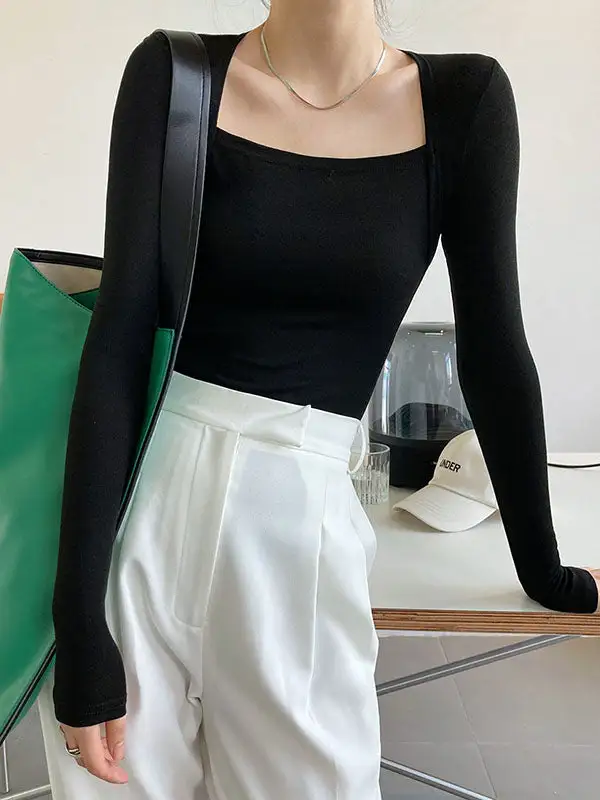 Square Neck Long Sleeve Slim T-Shirt