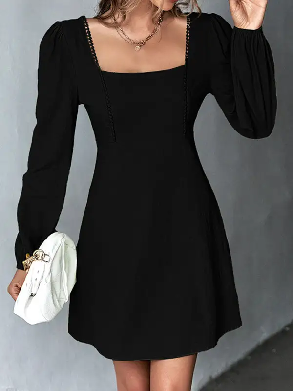 A Line High Waisted Solid Color Split Joint Square Neck Mini