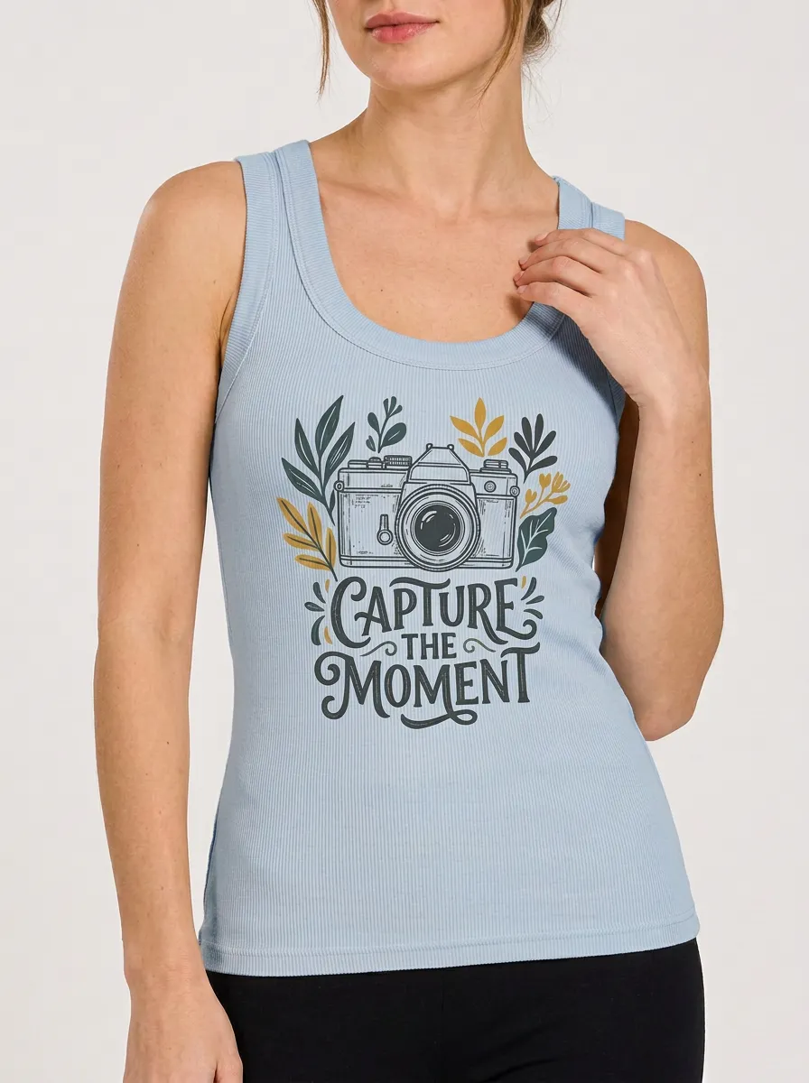 Women's Photography Lover Capture The Moment Camera Printed Tank Top