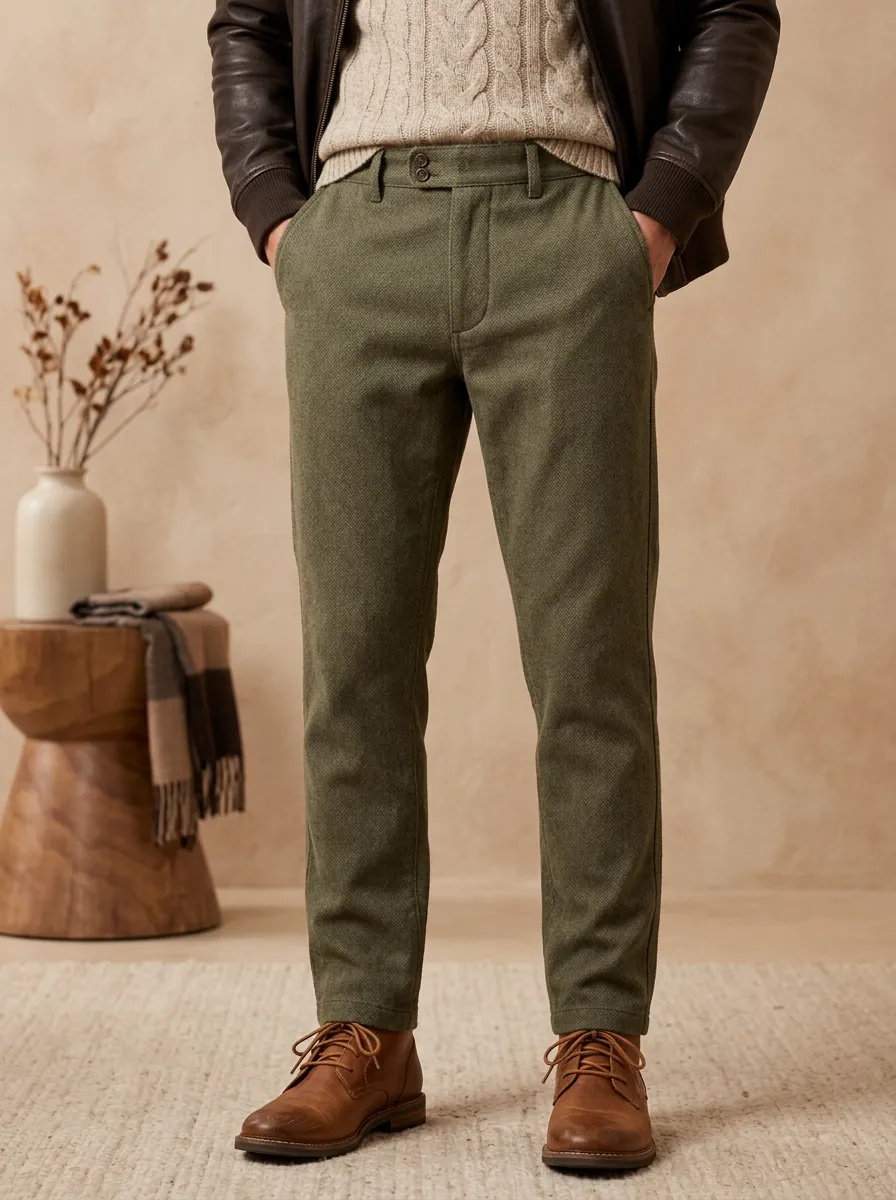 Men's Cold-Weather Herringbone Smart-Casual Button Trousers