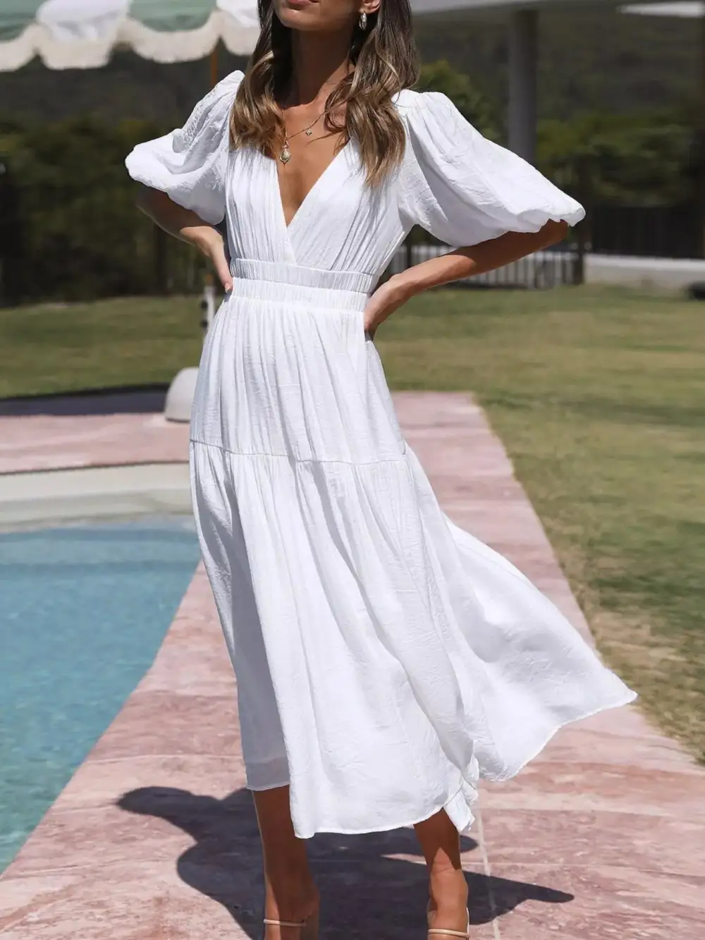V Neck Puff Sleeve Midi Dress
