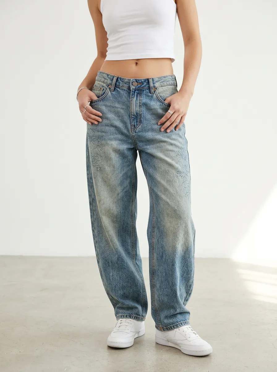 Women's Floral Pattern Vintage Wash Printed Jeans