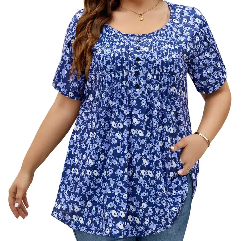 Women's Plus Size Summer Waist-Cinching Top with Round Neck and Printed Casual Short Sleeves