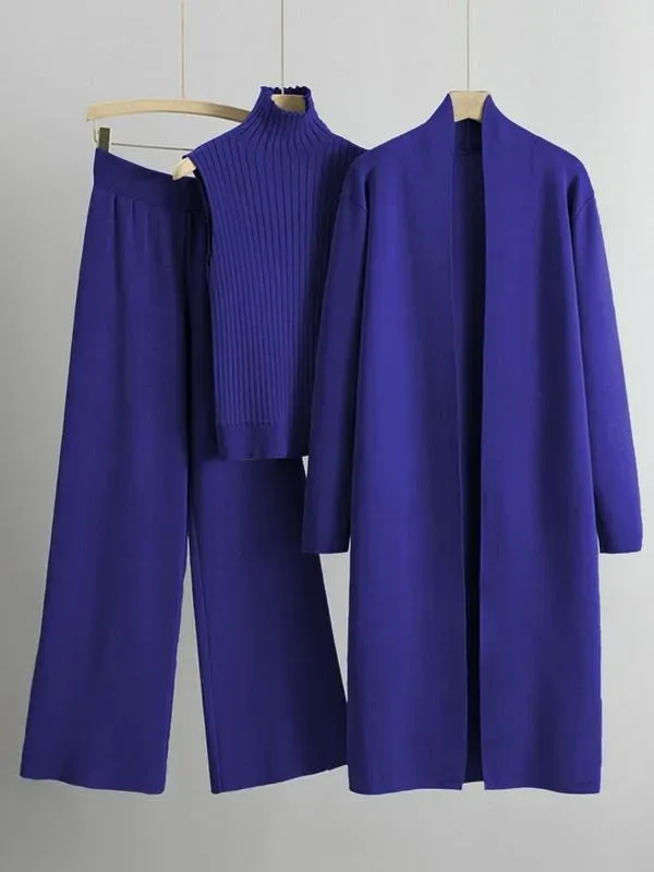Trendy Knit Turtle Neck Tank & Wide Leg Trousers With Open-Front Long Cardigan Three-Piece Sets