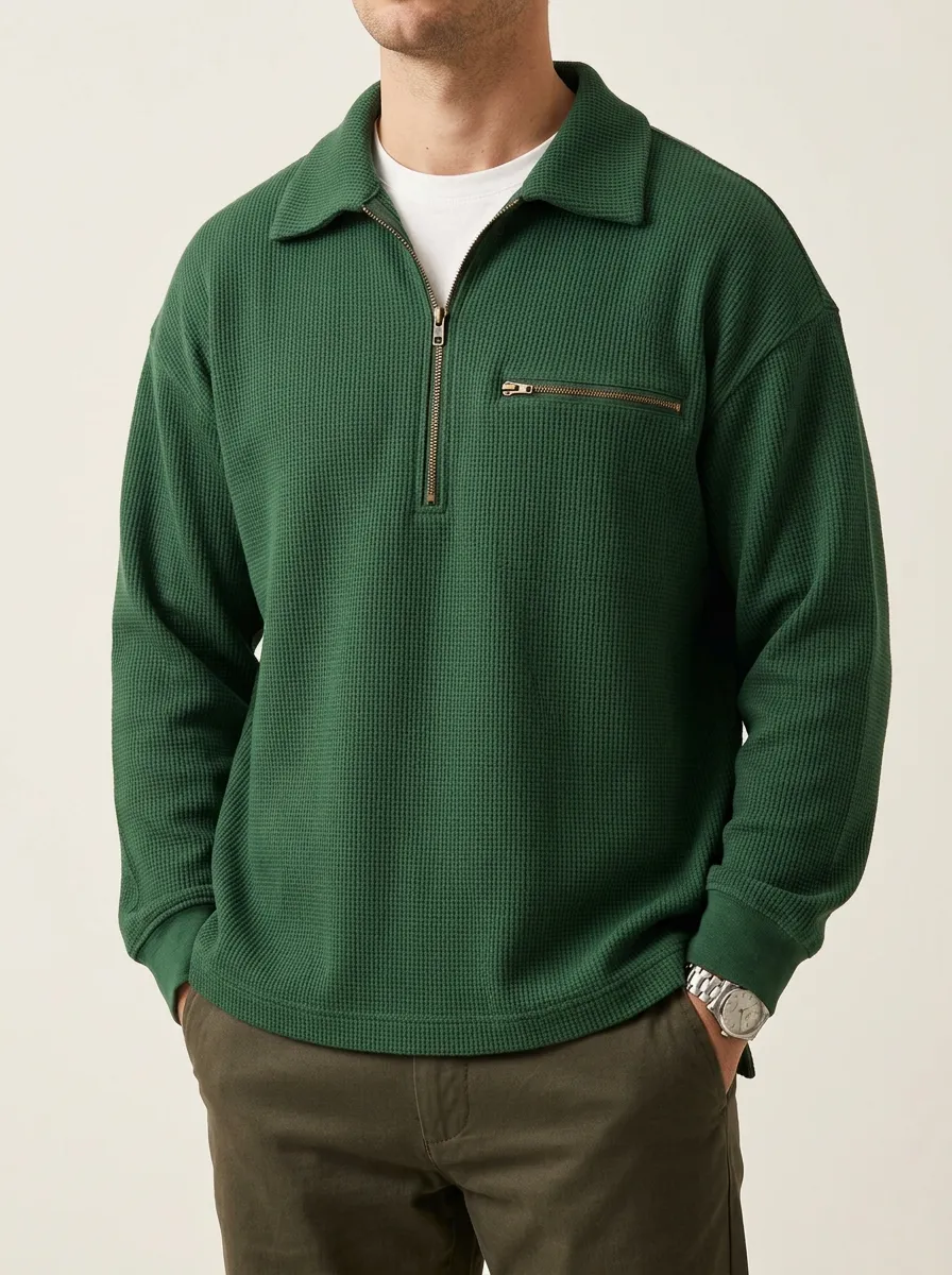 Relaxed Everyday Sweatshirt with Waffle Knit Finish and Quarter-Zip Front