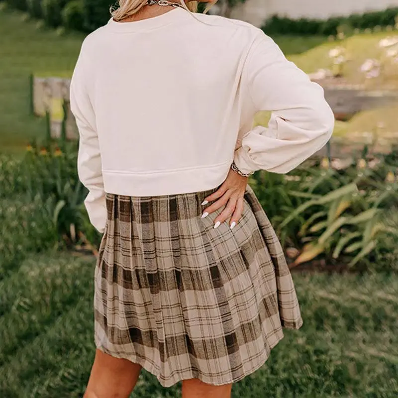 Beige Plaid Patchwork High Waist Sweatshirt Mini Dress