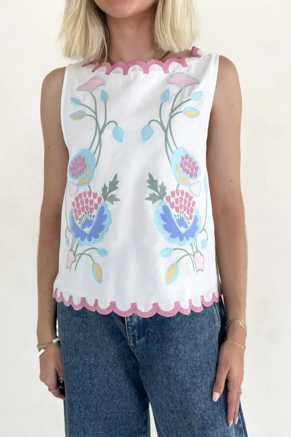 Modern Floral Embroidered Sleeveless Top
