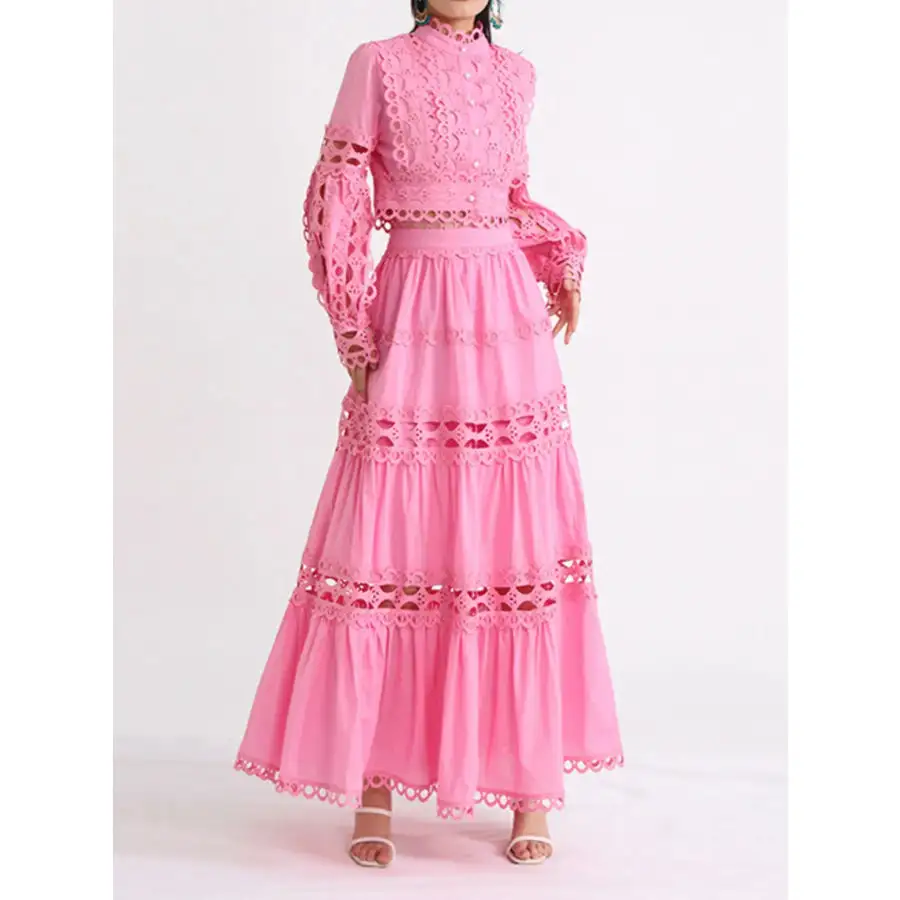 Lace Button Up Long Sleeve Top and Skirt Set