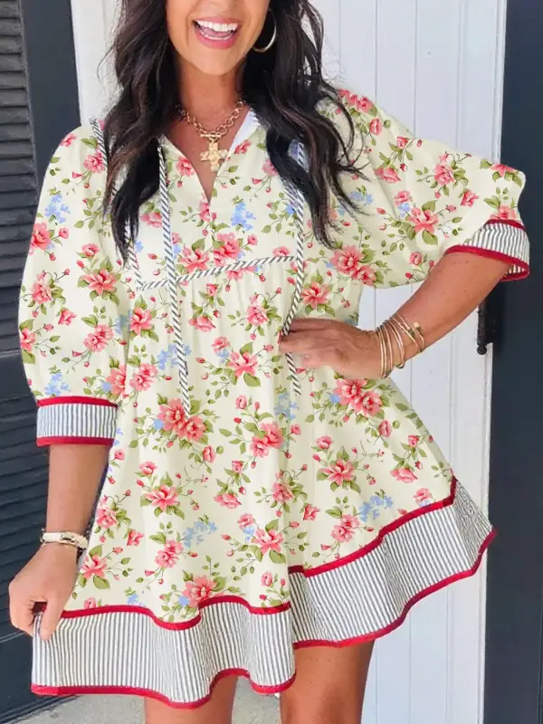 Floral Striped Puff Sleeve Dress Casual